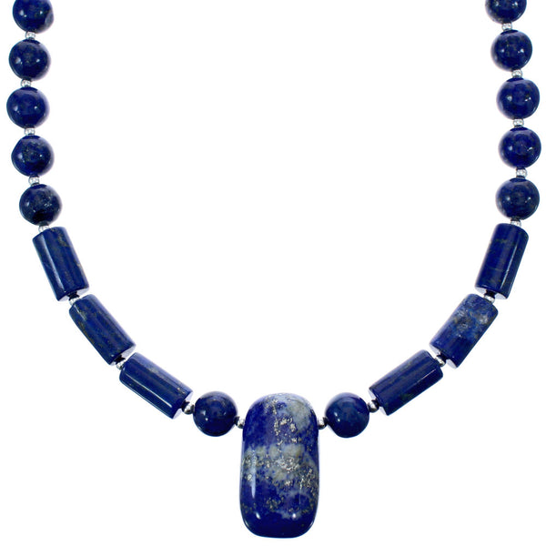 Genuine Sterling Silver Lapis Bead Necklace And Pendant KX120902